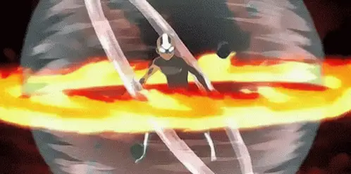 a cartoon character is standing in a sphere of fire and water .
